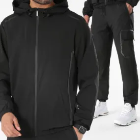 0143 Set giacca con zip e pantaloni cargo neri con cappuccio
