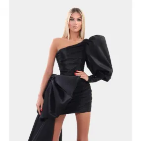 Abito formale mini abito da ballo in raso nero alla moda con fiocco staccabile strascico arricciato una spalla chic breve festa