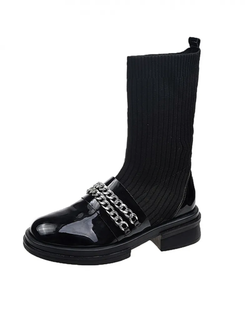Autunno Nuova Catena di Lavoro A Maglia Calzino Scarpe Da Donna A Metà Polpaccio Chelsea Perline Goth Stivali In Tessuto Elastic