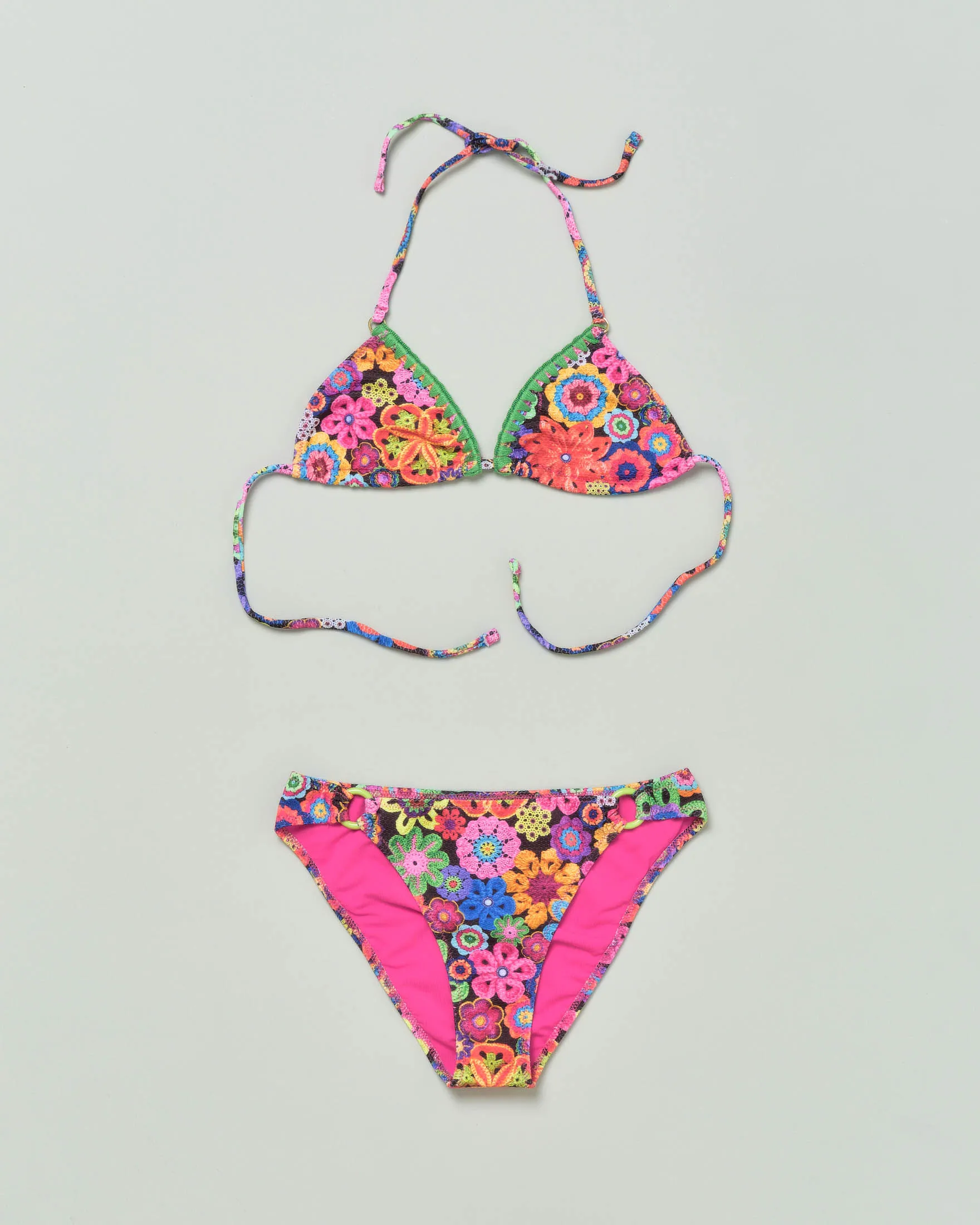 Bikini a triangolo in tessuto stretch a fantasia crochet multicolor 8-16 anni