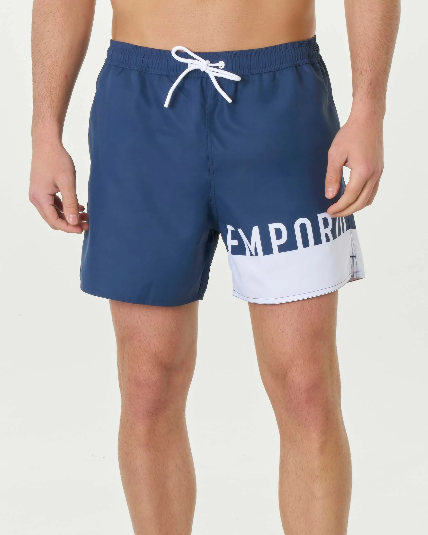 Boxer mare color block bianco e blu con maxi logo specchiato