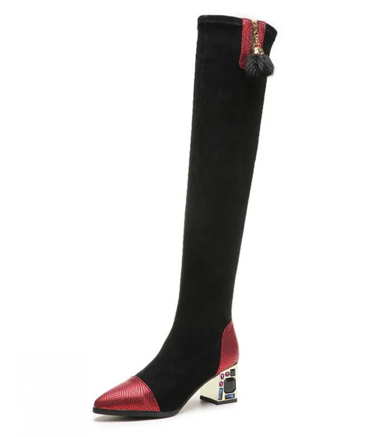 Comemore Stivali Calzino Corto Donna Stivale Alto Tessuto Elastico Strass Quadrato Tacco Medio Donna Scarpe Invernali Nero Donna