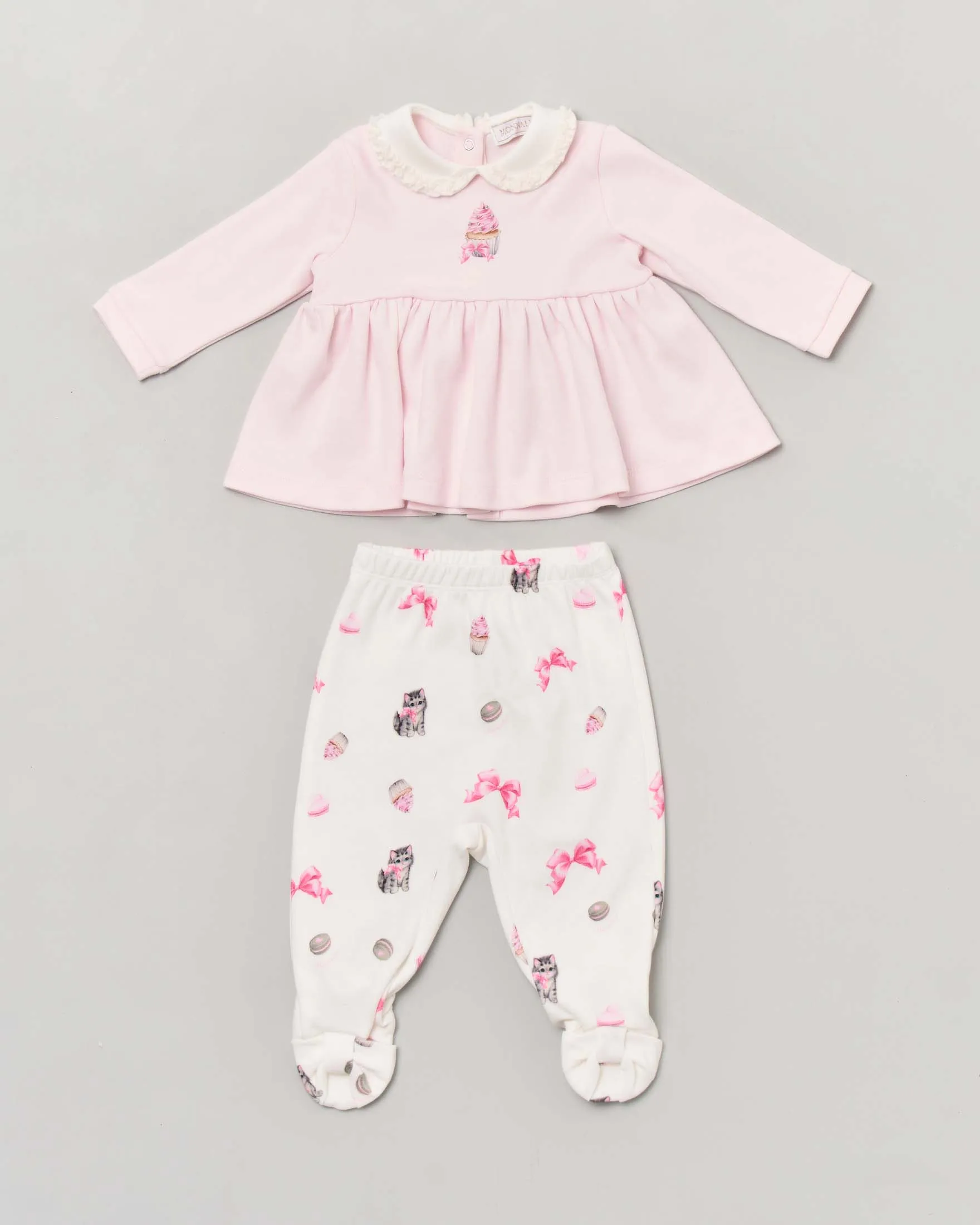 Completo in puro cotone composto da top rosa con stampa cup-cake e leggins bianchi con stampa all-over 1-6 mesi