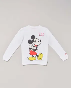 Felpa girocollo bianca in cotone con stampa 'Mickey Mouse' e scritta ricamata 8-14 anni