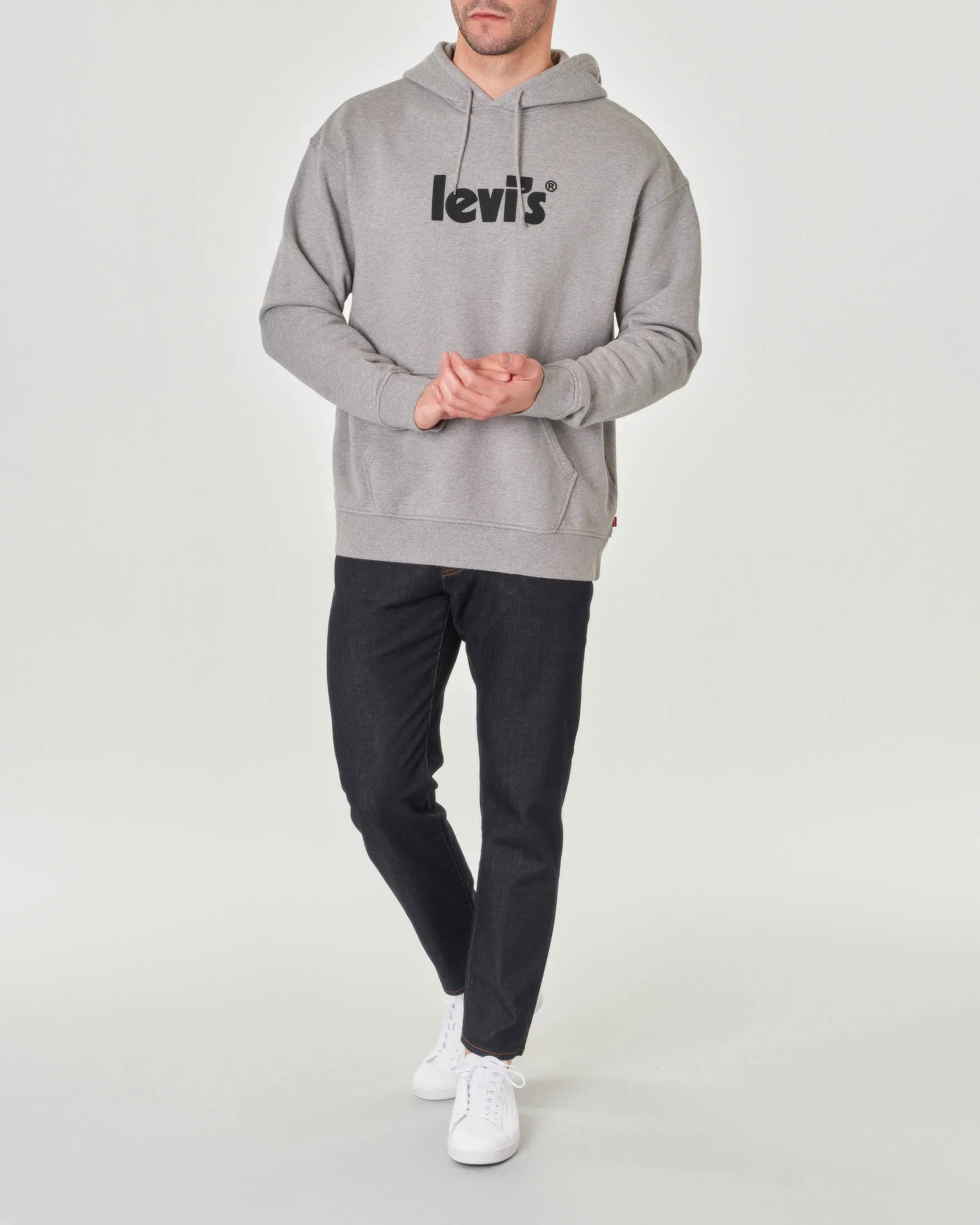 Felpa grigia over con cappuccio e tasche a marsupio con logo scritta centrale