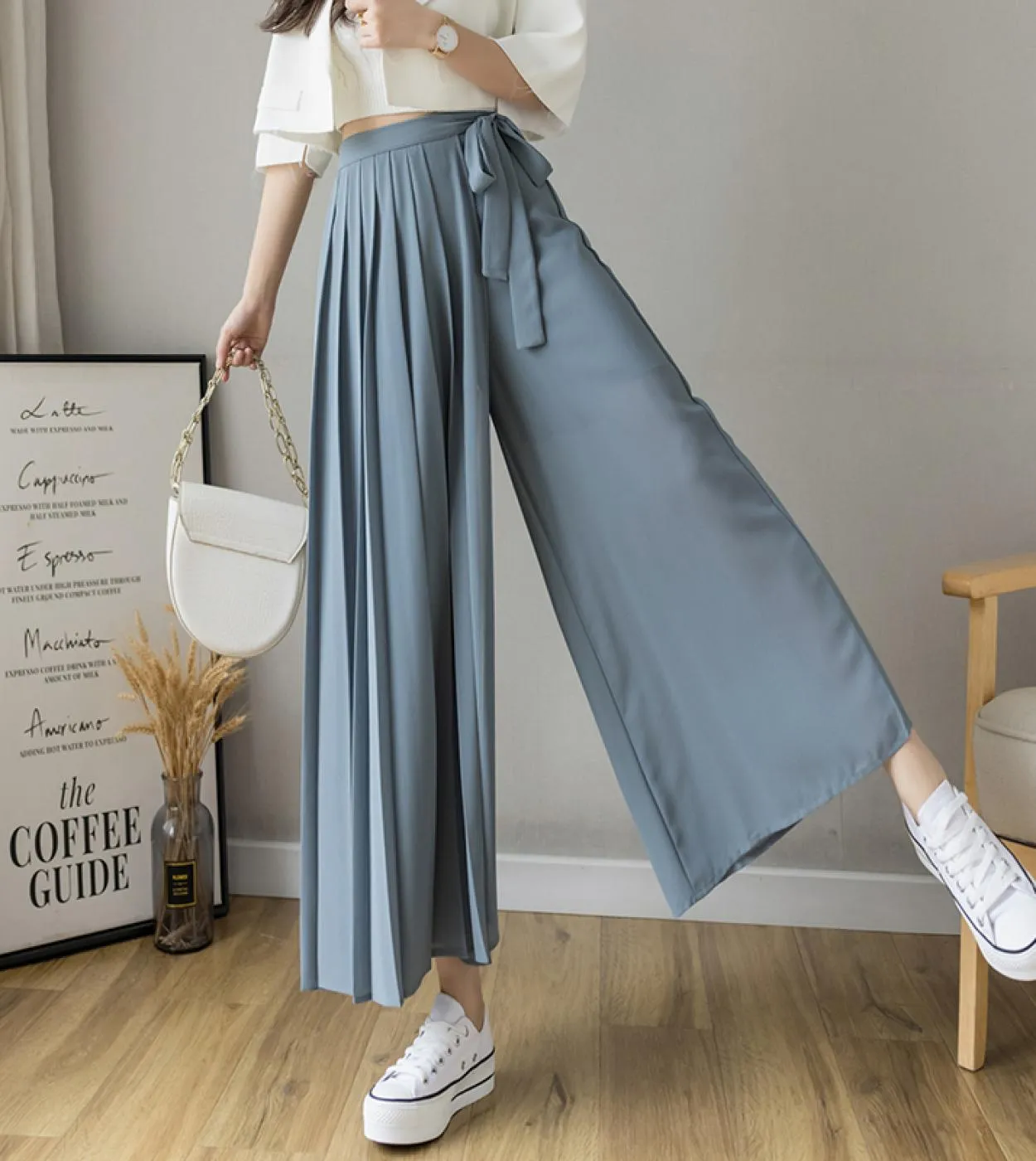 Gonna a pieghe elastiche estive Gonna pantalone in chiffon capris da donna a vita alta Pantalone casual a gamba larga da donna G