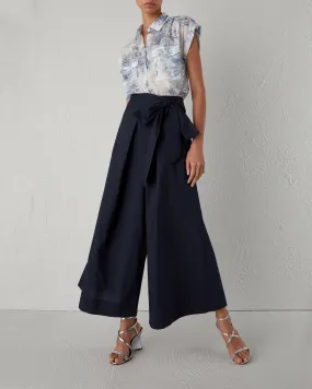 Gonna pantalone blu in popeline di viscosa con fusciacca in vita