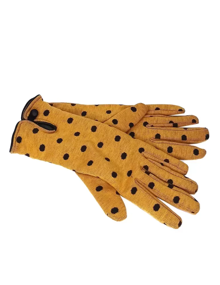 Guanti gialli pois interno cashmere profili e bottone in pelle