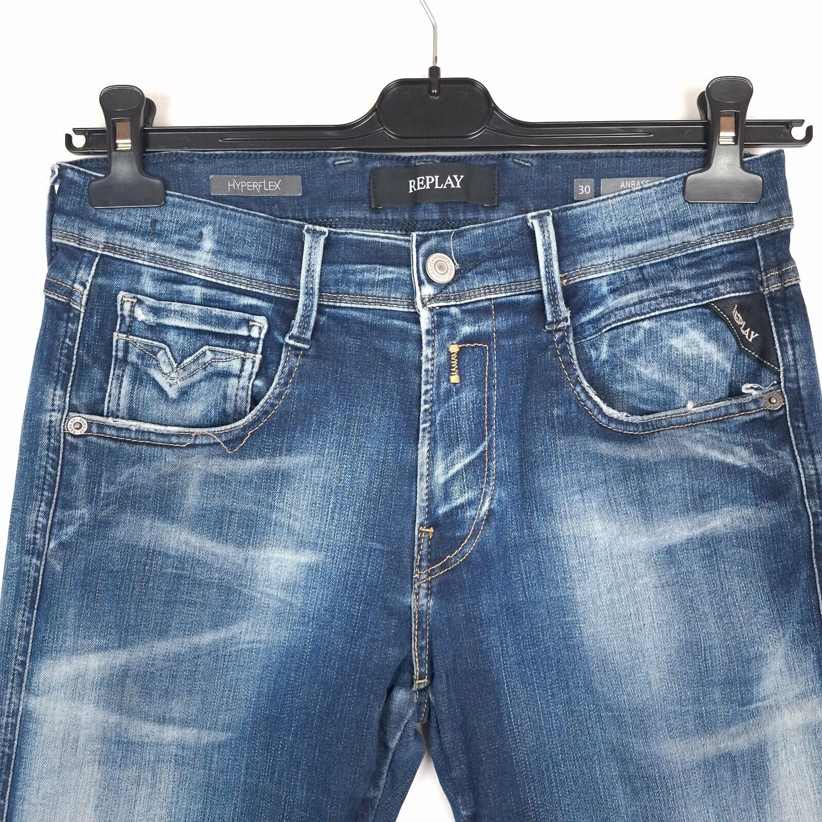 Jeans uomo REPLAY ANBASS taglia W30 L34 slim fit blu conico Hyperflex elastic...