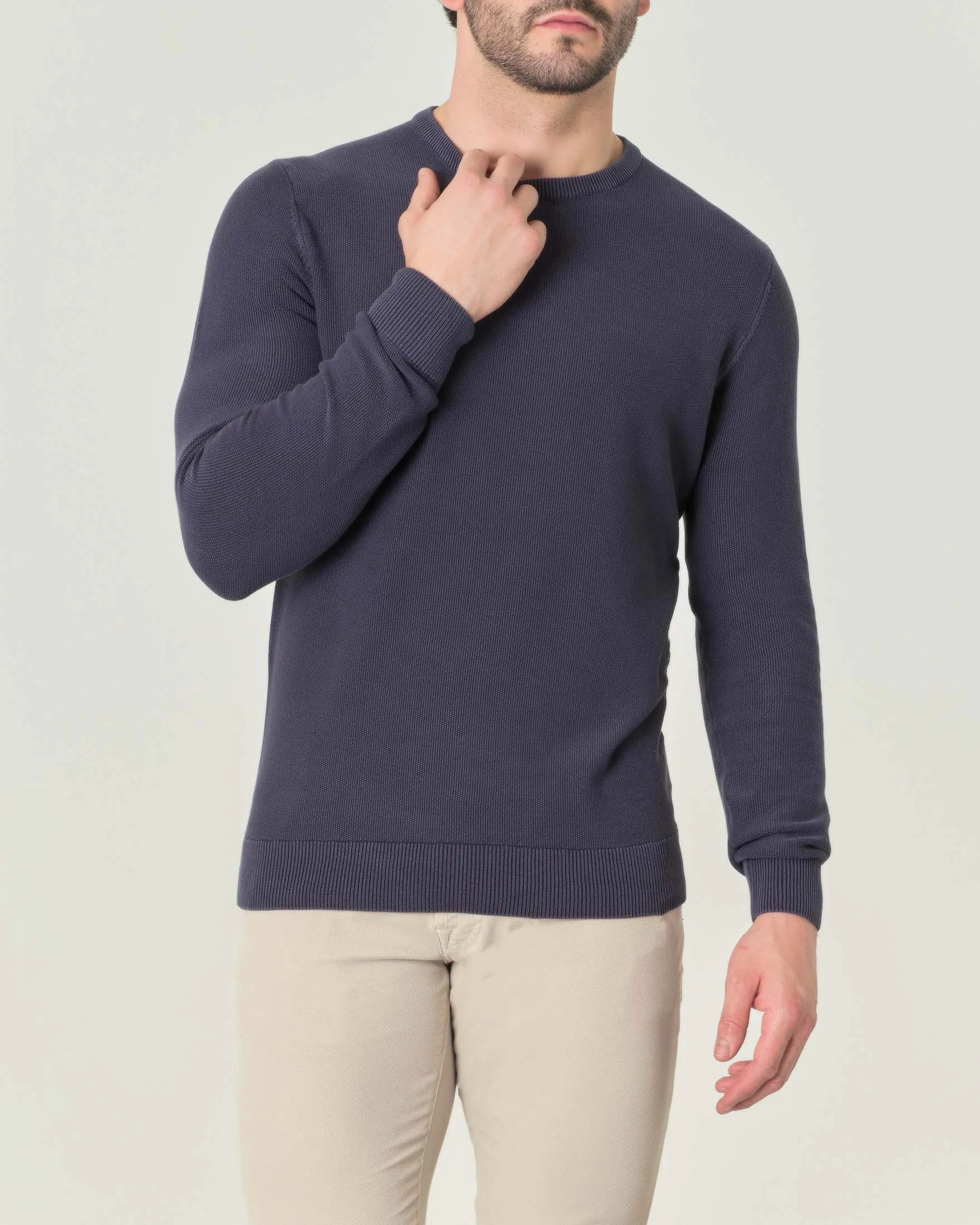 Maglia girocollo blu in puro cotone a grana di riso
