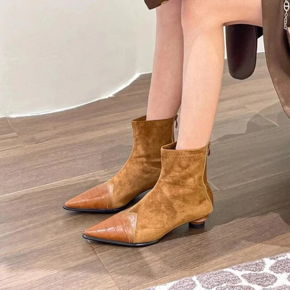 Nuova cerniera moda scarpe da donna stivali corti a punta invernali Pu eleganti stivali classici con tacco basso da donna Zapato