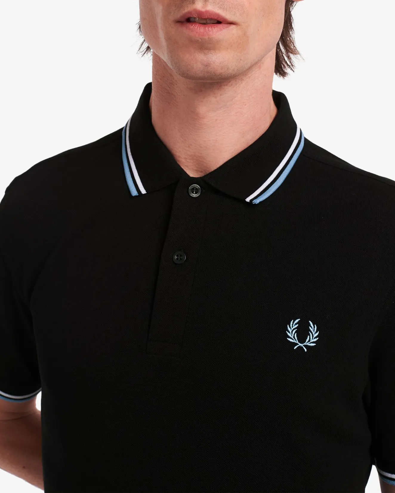 Polo nera con bordino bianco e celeste