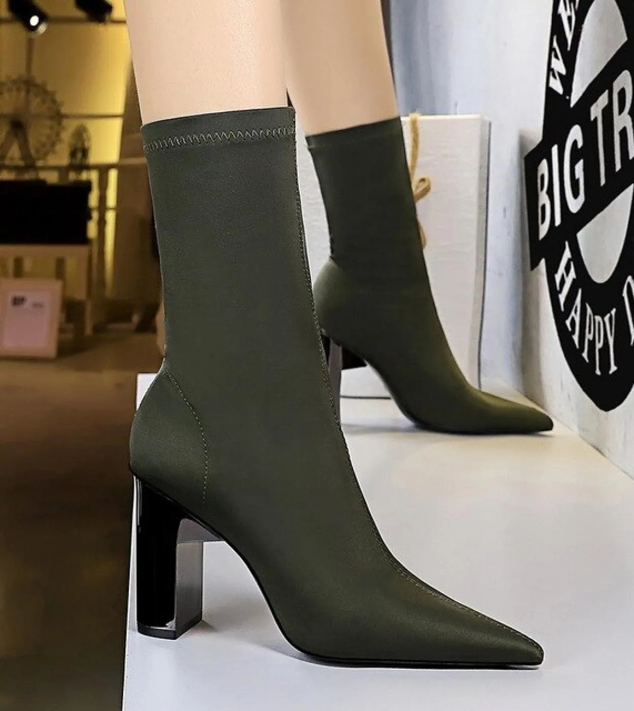 Stivali con tacco in metallo Calzino Donna Stretch Stivaletti alla caviglia con tacco spesso Donna Inverno Stivali con punta a p