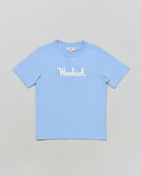 T-shirt azzurra in cotone a maniche corte con scritta logo bianca 10-16 anni