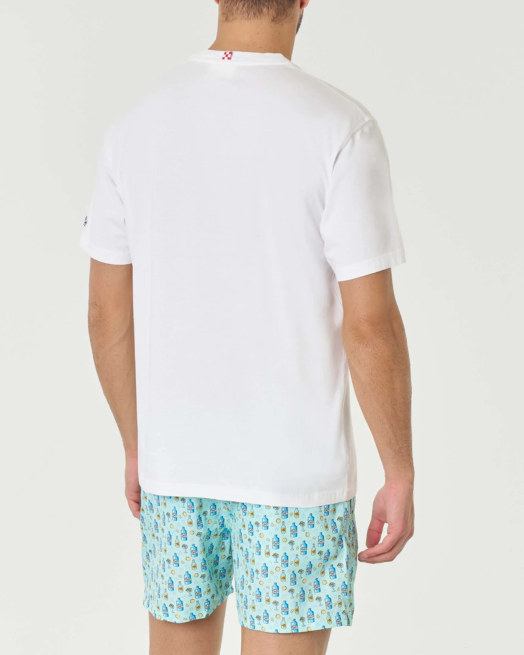 T-shirt bianca mezza manica in puro cotone con ricamo Nel Bere e Nel Mare sul petto