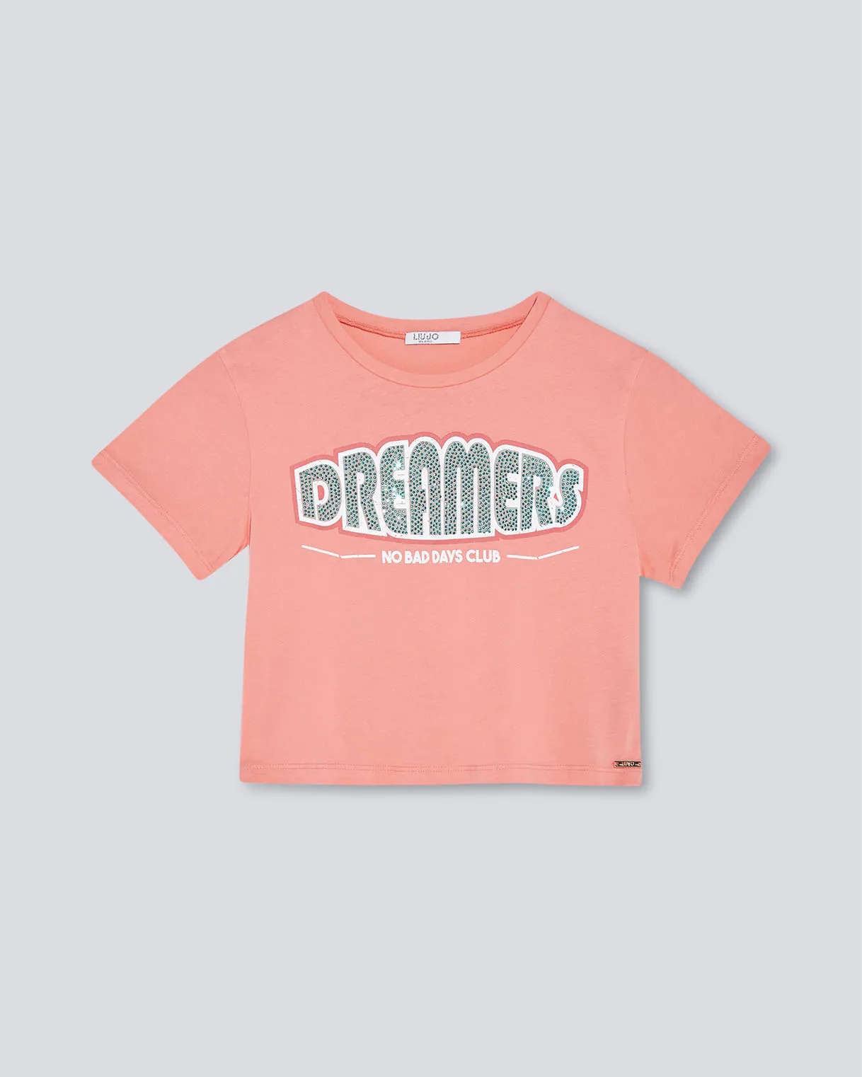 T-shirt cropped corallo con scritta Dreamers in strass 8-16 anni