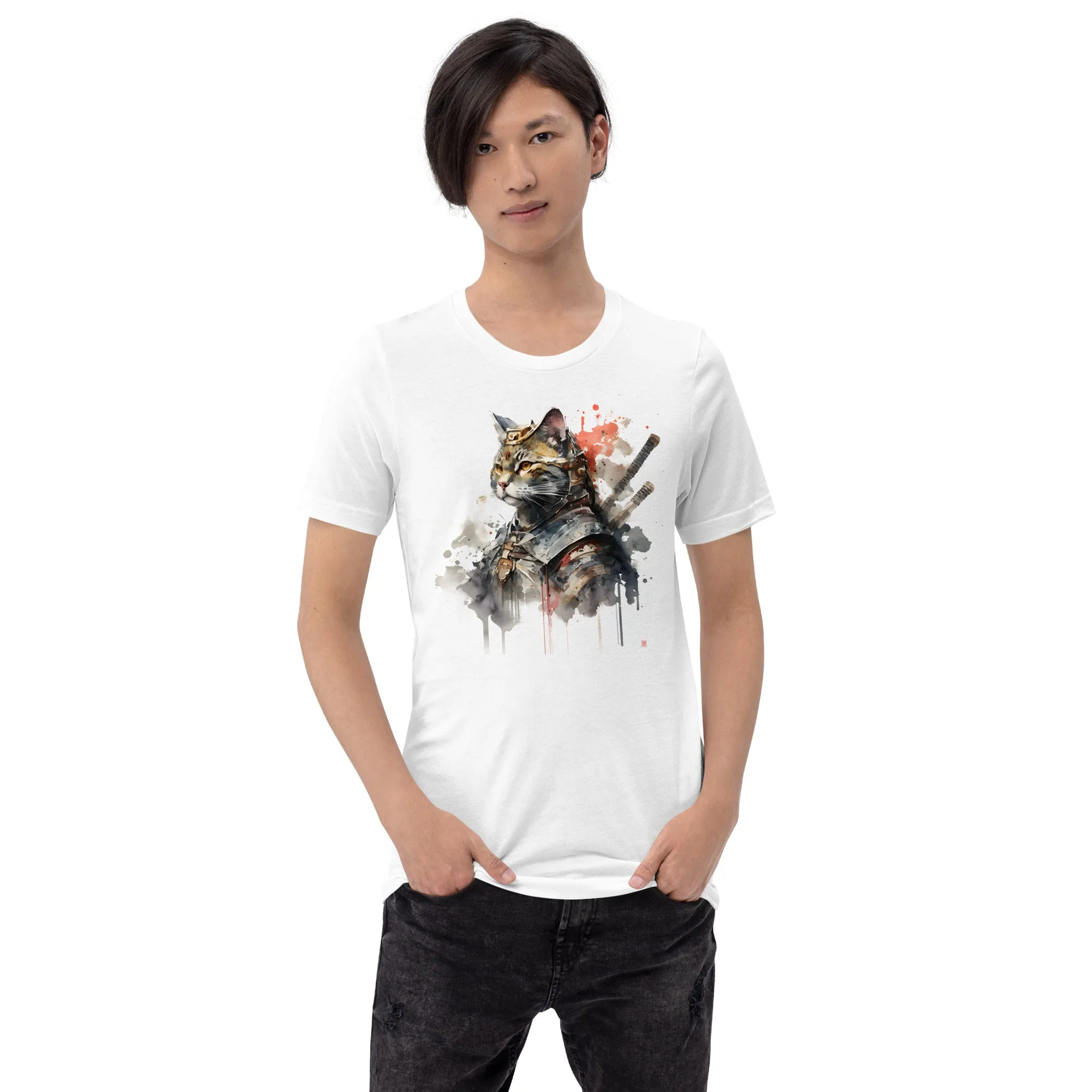 T-shirt unisex con gatto samurai grigio